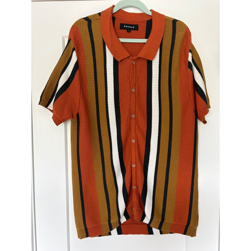 PacSun Mens L 70's Vertical Stripe Knit Bowling Mobster‎ Button Down Shirt L